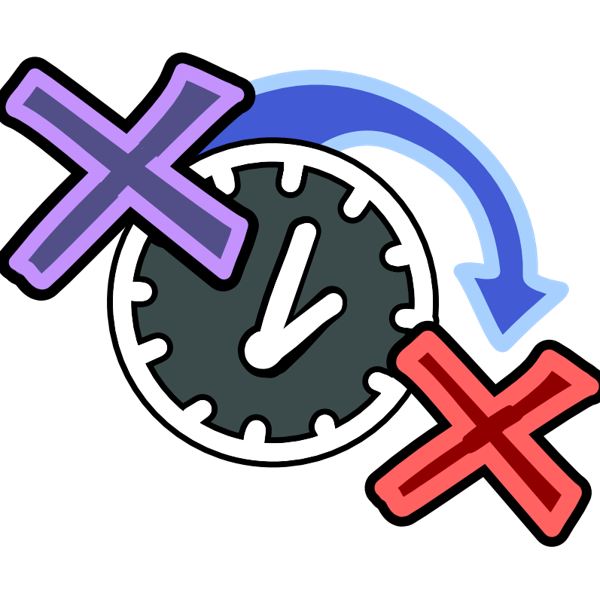 an off black clock with white line art echoed with black has a purple X overlapping it on the top left. A curved blue arrow comes out of this area curving to point down at a red X at the bottom right of the image. This X overlaps only the tiniest bit with the clock. The X’s have black echoes around their light line art.